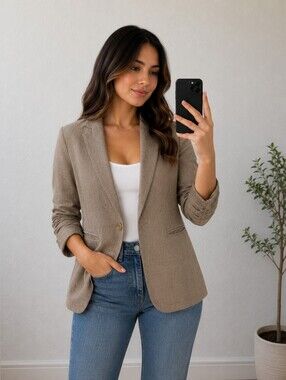 Michael Michael Kors Beige/Brown Linen Ruched 3/4 Sleeve Blazer Jacket Size 6